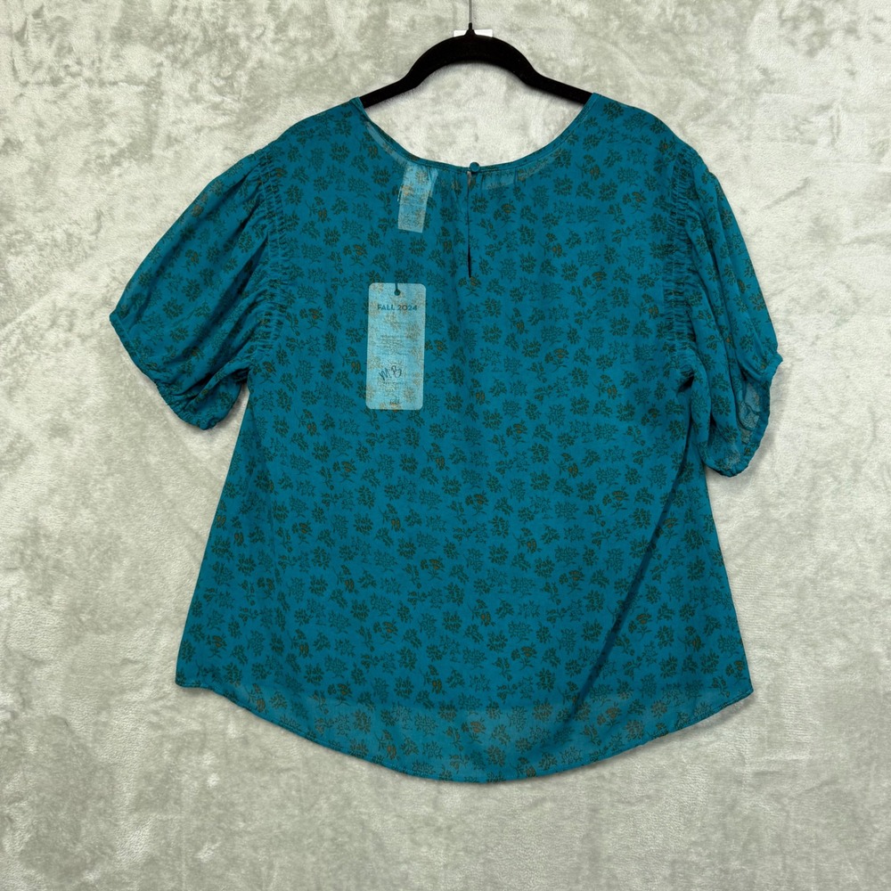 NWT Cabi Panorama Top Women Size M Devon Floral Teal Blue Short Puff Sleeve - Picture 2 of 9